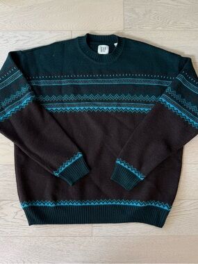 Vintage GAP Men's Black & Teal Fair Isle Wool Crewneck Sweater